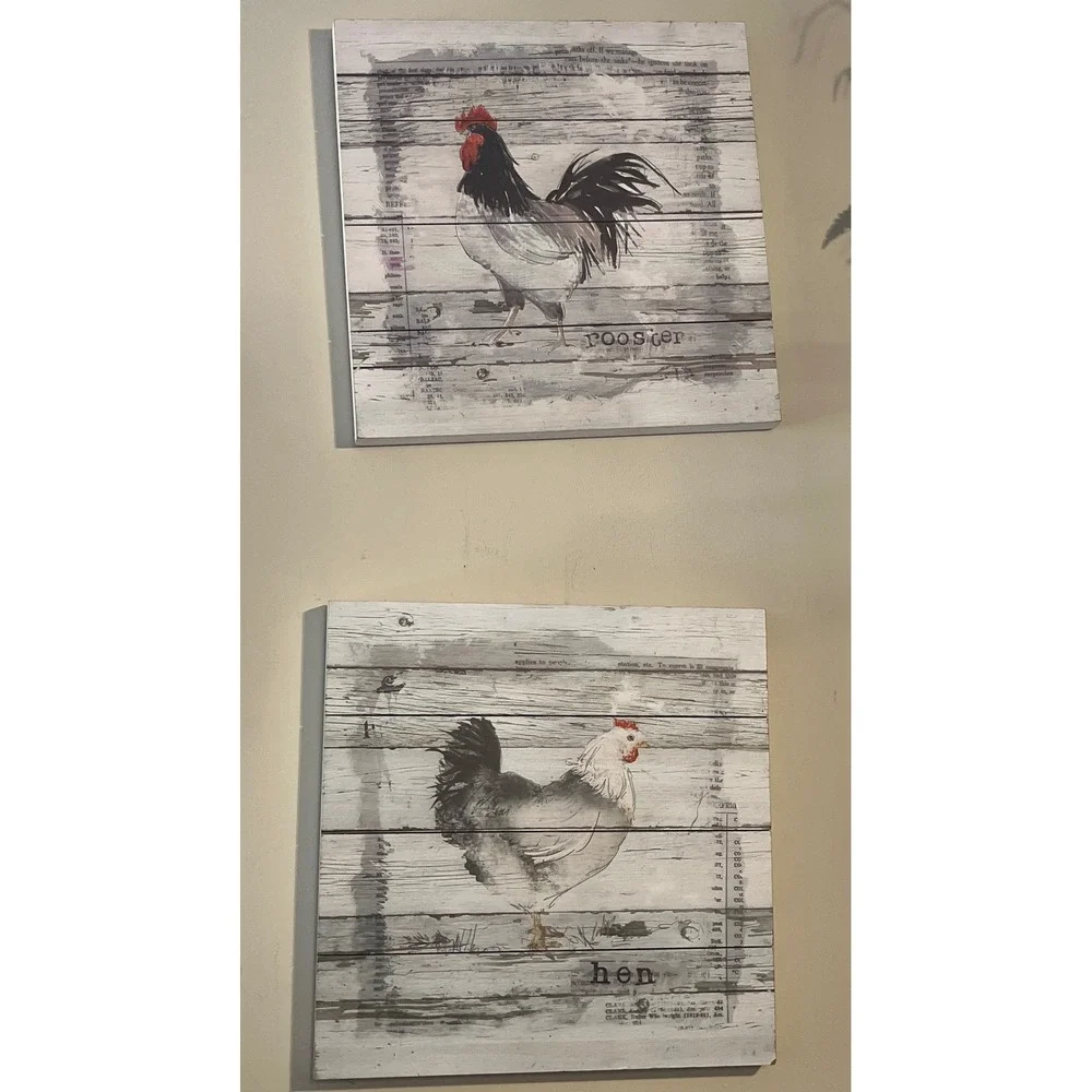 Set of 2 Rustic Farmhouse Rooster and Hen Canvas Wall Art Wood Plank Style Decor